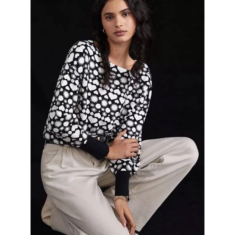 Maeve Anthropologie Women’s XS Boatneck Sweater Black White Heart Print NWT